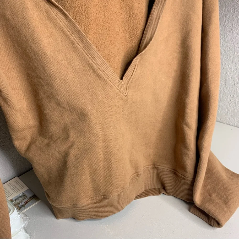 Joah Brown Deep V-Neck Pullover Sweatshirt in Camel - Picture 4 of 6